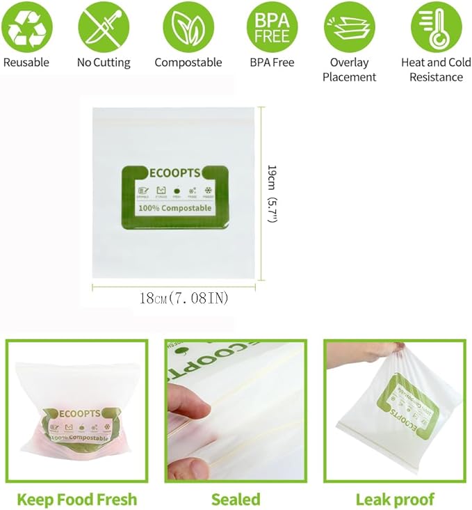 100% Compostable Sandwich Zip Bag | ECO-Friendly Food Storage Bags | Freezer Bag | Plant-Based BPA-free | Seal well for Fruit,Food and Snack (2, Medium)