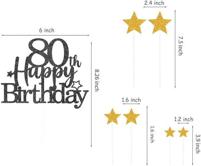 Glittery 80th Happy Birthday Cake Topper with Star,Personalised 80 Birthday Cake Toppers Party Decorations Party Supplies for Men Women Black Gold