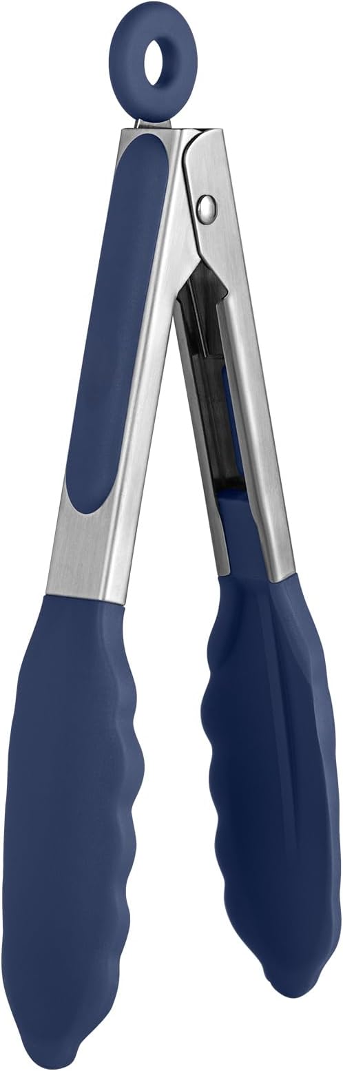 480ºF Heat Proof Kitchen Tong: U-Taste 7" Silicone Cooking Tong with Firm Sealed Non Stick Rubber Tips & Silicon Coated 18/8 Stainless Steel Handle & Smooth Locking for Serving Salad (Midnight Blue)