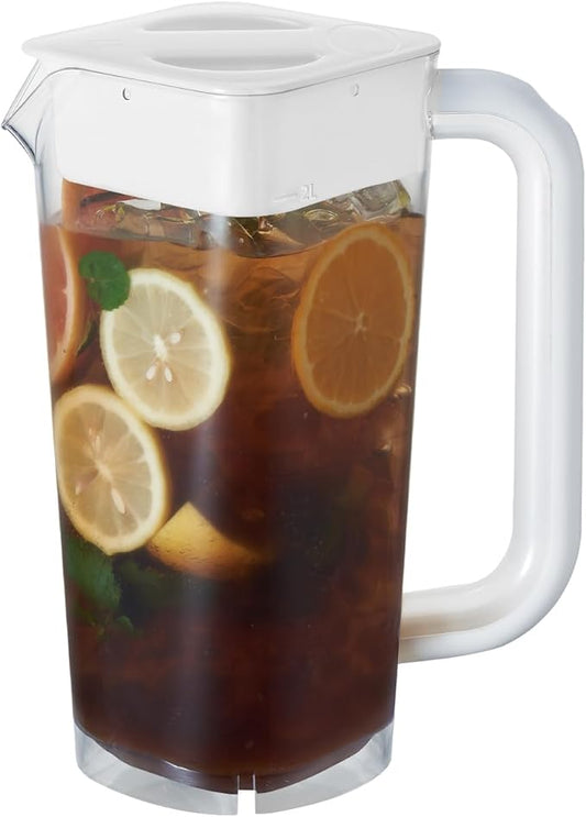 CURTA 1 Pack 2 Liters/68 oz Plastic Square Pitcher with Lid & Handle for Kitchen,ICED JUICE and Coffee Carafe Beverage Serveware, Acrylic Water Jug for Hot/Cold Drinks&lemonade