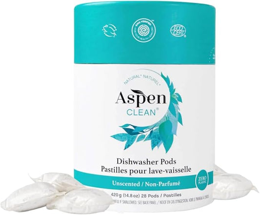 Unscented Dishwasher Pods by AspenClean, Dye-Free, Zero Plastic, EWG Verified™, Vegan, Eco-Friendly, Natural Dishwasher Detergent - 28 Count