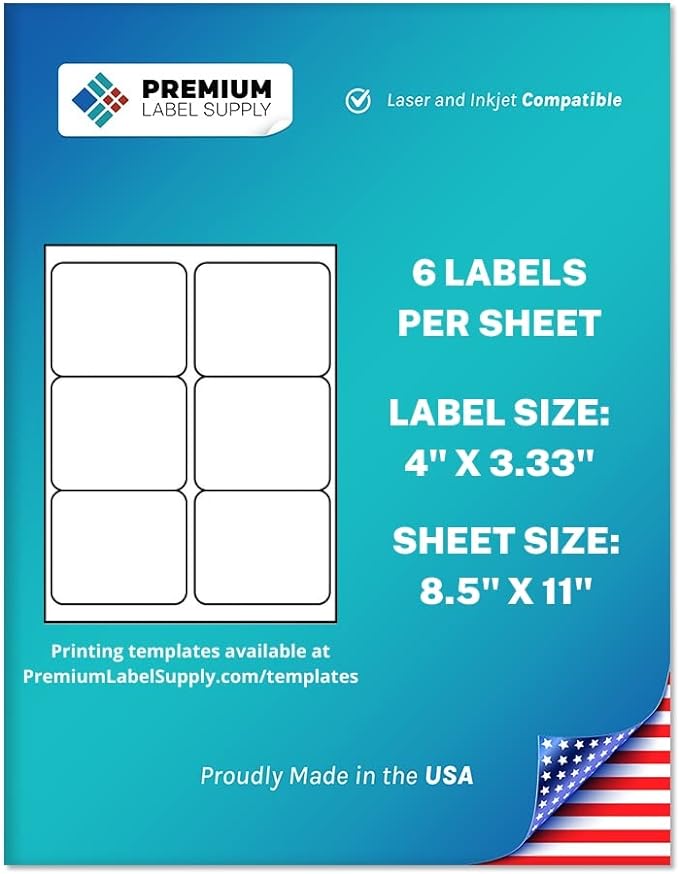 Premium Label Supply White Sticker FBA Labels – 4" x 3.33" – Laser/Inkjet Compatible – (6 per Sheet), 500 Sheets - 3,000 Total Adhesive Labels