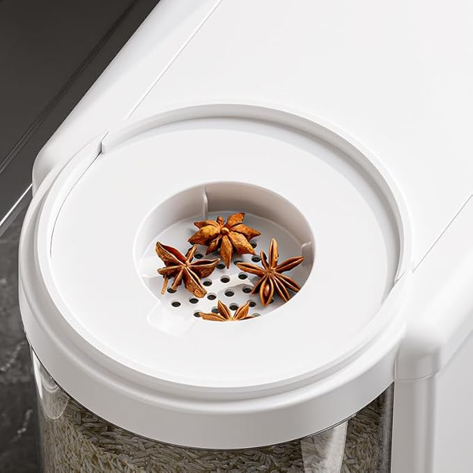 12 Lbs Rice Container with Measuring Cup, Upgraded Built-in Fresh Box, Cereal Dispenser Storage with Lids for Home Kitchen Pantry Rice Soybean Corn And large grain grains-White