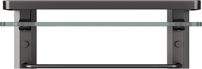 Danpoo Bathroom Wall Shelf with Towel Bar, Clear Tempered Glass, Hand Towel Holder (Matte Black)