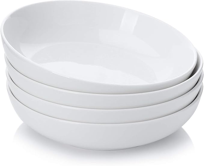 Teocera Pasta Bowls, Large Salad Bowls, Porcelain Bowl Set, Wide and Shallow, Microwave and Dishwasher Safe, 35 Ounce - Set of 4, White