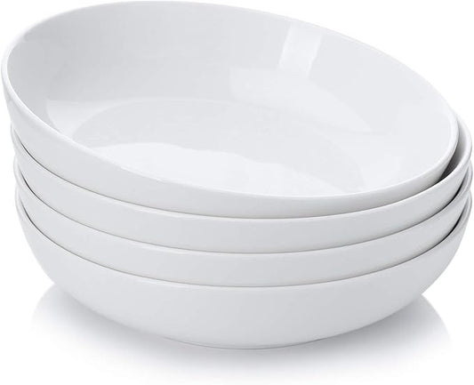 Teocera Pasta Bowls, Large Salad Bowls, Porcelain Bowl Set, Wide and Shallow, Microwave and Dishwasher Safe, 35 Ounce - Set of 4, White