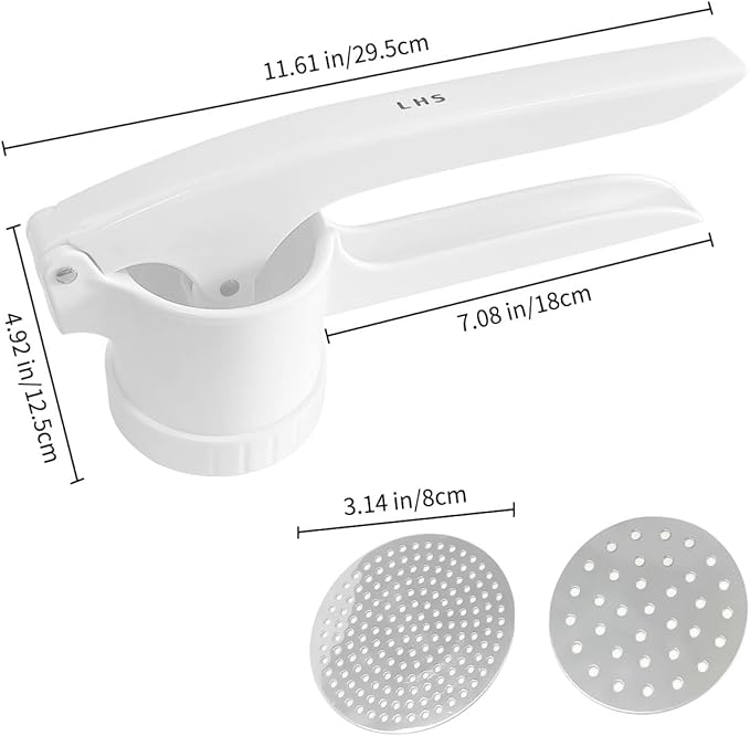 LHS Potato Ricer, Potato Masher for Potatoes with 3 Interchangeable Discs, Large Capacity Potato Masher and Ricer Kitchen Tool for Fruit, Vegetables, Baby Food, White
