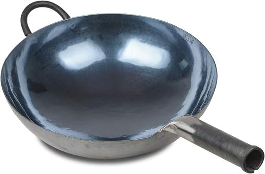 臻三环 ZhenSanHuan Chinese Hand Hammered Iron Woks and Stir Fry Pans, Non-stick, No Coating, Carbon Steel Pow (34CM, BlueBlack Seasoned with help handle)