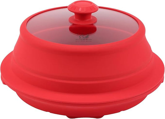 Microwave Splatter Silicone Cover Collapsible Steamer, Vented Multifunction Splash Lid with Glass Dish Bowl Plate for Food Cooking Bacon Maker, Dishwasher Safe BPA-Free 10.5 inch Cookware Set