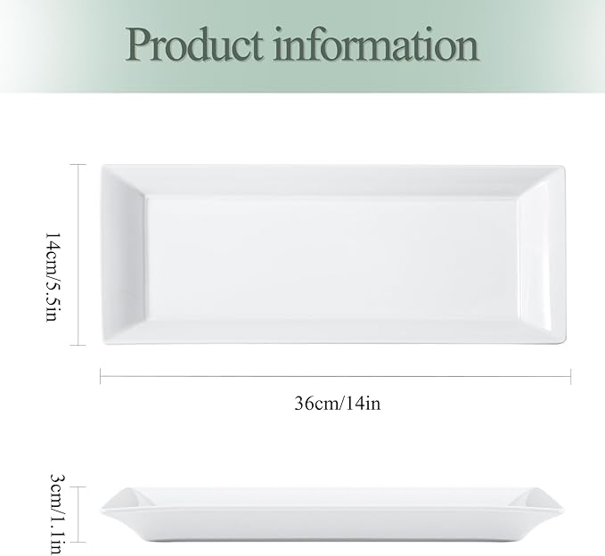 Rectangular Ceramic Serving Platters Set of 4, 14 inch Large Porcelain Serving Plates, White Appetizer Trays, Dishwasher Safe Plates for Steak, Charcuterie, Thanksgiving Turkey, Desserts