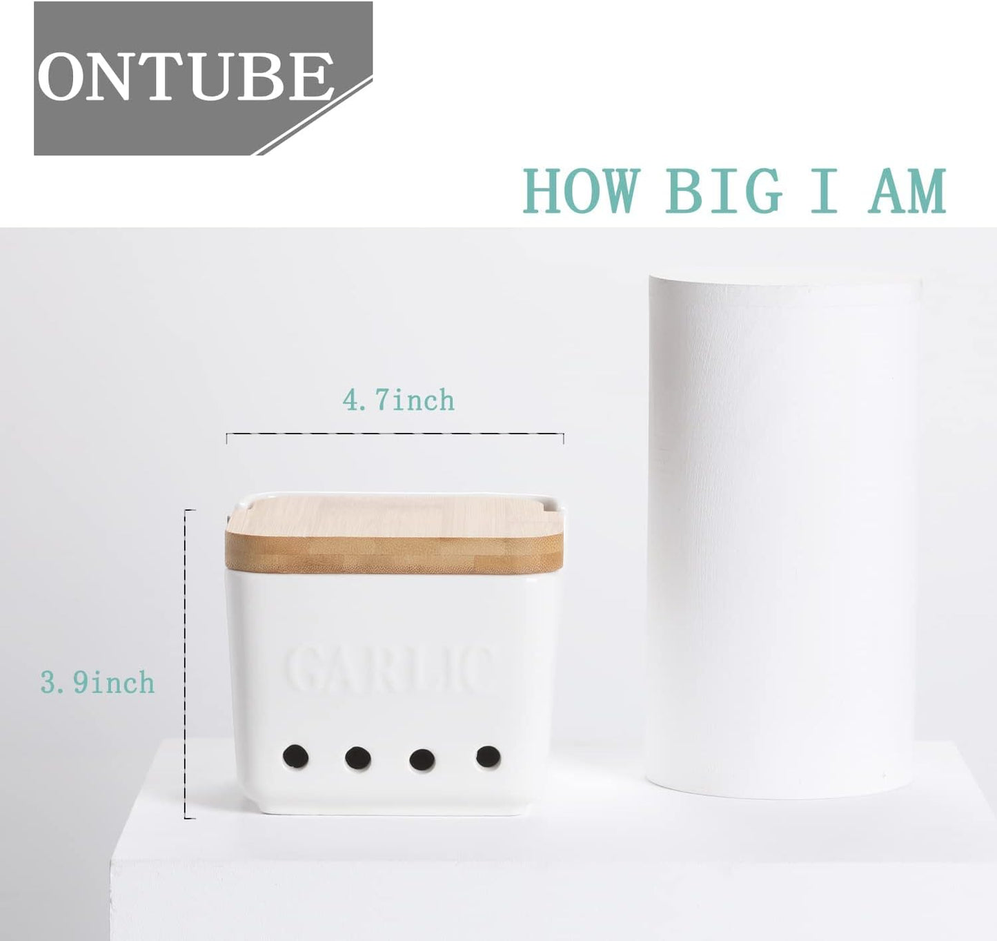 ONTUBE Garlic Keeper with Lid, Ceramic Garlic Holder Storage, Garlic Container for Kitchen, Garlic Saver to Keep Your Garlic Cloves Fresh Longer 4.7-Inch, White