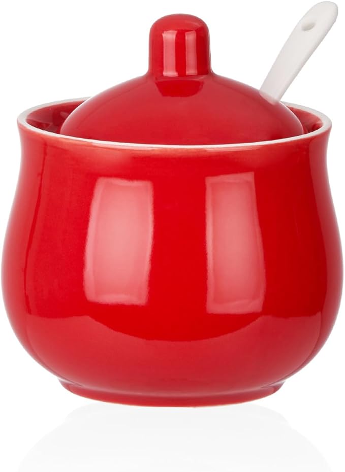 Ceramic Sugar Bowl with Lid and Spoon, Red Porcelain Sugar Salt Pepper Storage Jar, 8 Ounces