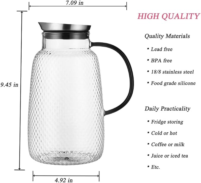 Purefold Pitcher with Lid, Glass Jug with Stainless Steel Lid for Hot and Cold Water, Fruit Tea, Coffee Maker, Ice Tea, Juice, Pineapple Series (Clear, 80 oz)