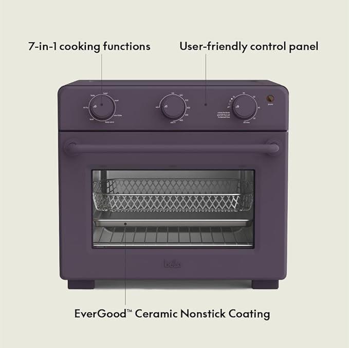 bella Air Fry Toaster Oven, 7 Preset Cooking Options, Dishwasher-Safe EverGood Coated Trays Included, 60-Minute Auto Shutoff w Audible Timer, Power Indicator Light, 1700 Watt, Plum