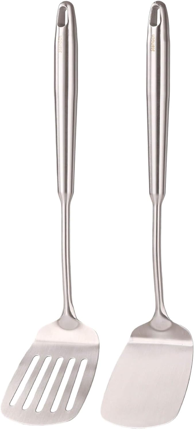 18/10 Stainless Steel Spatulas Set - 15” Long Spatulas for Kitchen, Metal Cooking Utensils - 1 Slotted Spatula + 1 Solid Turner (style A - all metal brushed)