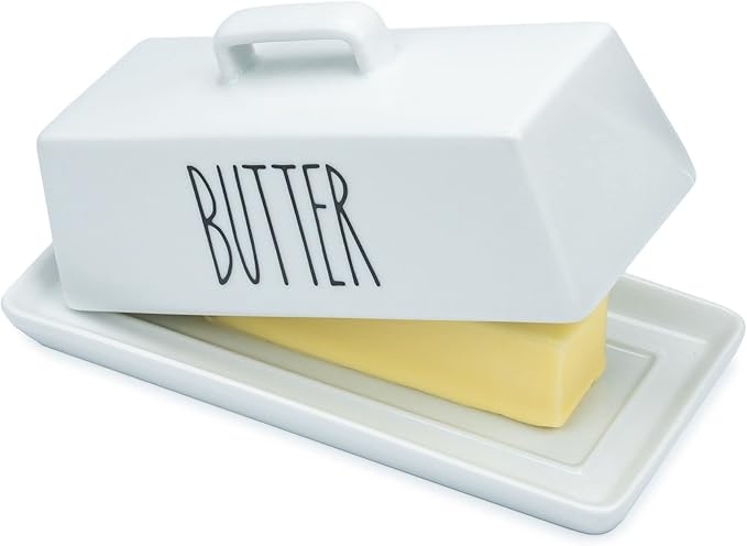 Heartland Home Porcelain Covered Butter Dish with Lid for Countertop (Lid with Handle). 7.6" x 3.8" Butter Holder Container for One Stick of Butter. Textured Tray Butter Keeper for Non Slip Storage