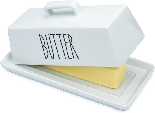 Heartland Home Porcelain Covered Butter Dish with Lid for Countertop (Lid with Handle). 7.6" x 3.8" Butter Holder Container for One Stick of Butter. Textured Tray Butter Keeper for Non Slip Storage