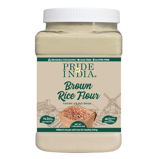 Pride of India- Brown Rice Flour 1 lbs (454 gm) Slightly Nutty Earthy Taste Milled in Small Batches | Ideal for Cakes Soups Noodles Dumplings Pastries Fritters | Vegan, Gluten-Free