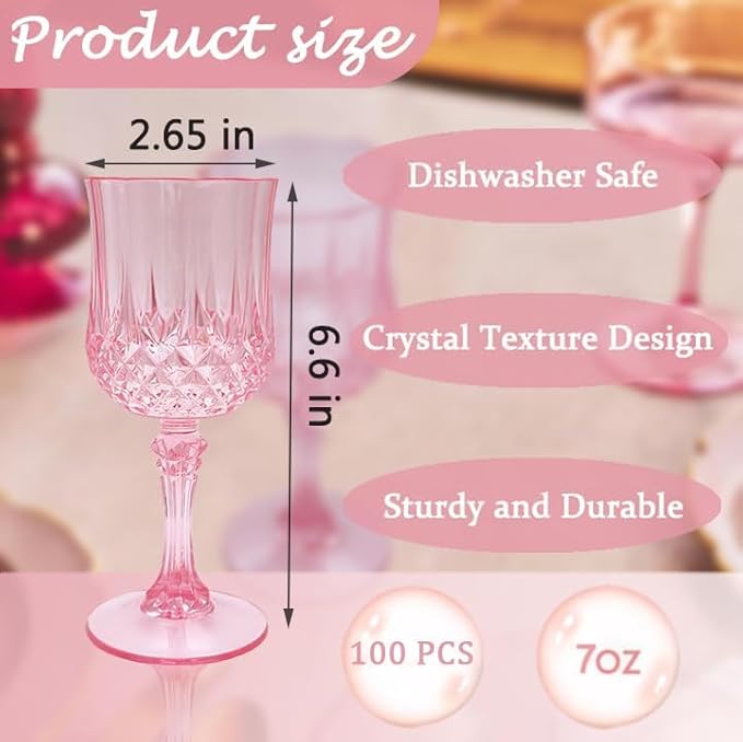 Plastic Wine Glasses，Plastic Goblets Vintage Style Cordial Drinking Glasses for Wedding Reception, Grand Event Party Supplies (100, Pink)