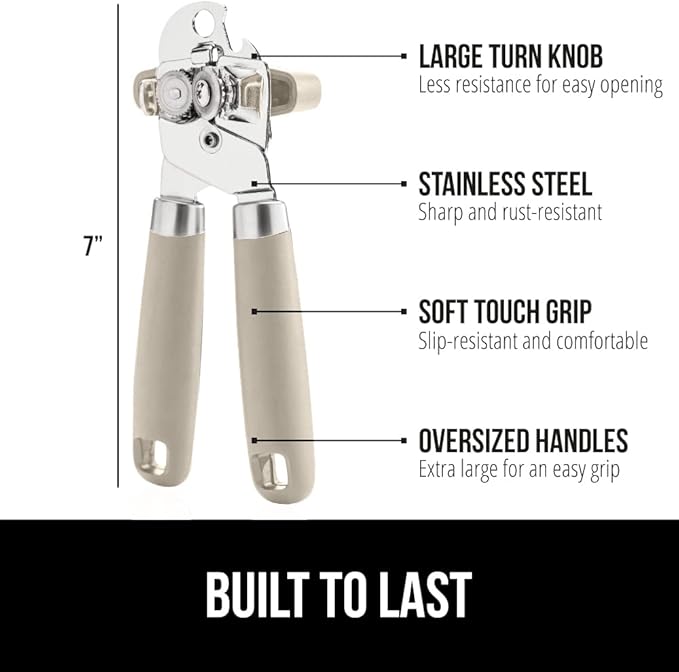 GORILLA GRIP Heavy Duty Stainless Steel Smooth Edge Manual Can Opener and Bottle Openers, Soft Comfortable Handle, Oversized Handheld Turn Knob, US Designed Multifunctional Kitchen Tool, Almond