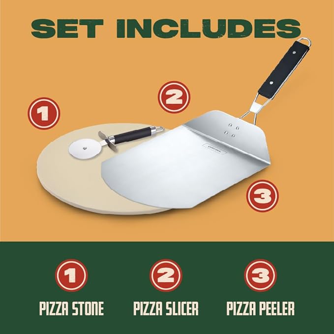 Concord 3 Piece Pizza Stone, Pizza Peel, Pizza Cutter, with Cordierite Heatwell Technology (Pizza set)