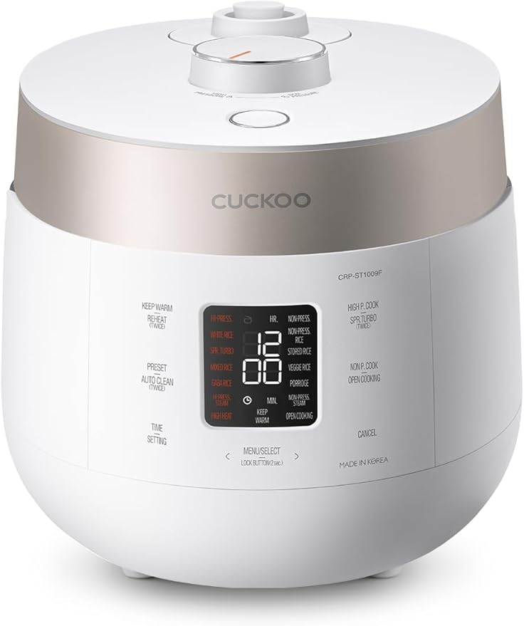 CUCKOO CRP-ST1009FW 10-Cup (Uncooked) / 20-Cup (Cooked) Twin Pressure Rice Cooker & Warmer with Nonstick Inner Pot, 16 Menu Options, 3 Voice Guide, Auto Clean (White)