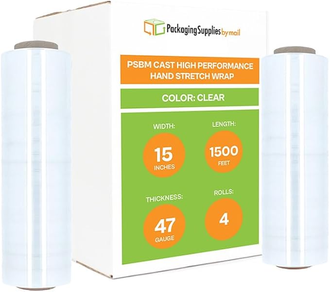 PSBM Stretch Wrap for Packing, 4 Pack of 15 Inch x 1500 Feet, 47 Gauge, High Cling Moving Stretch wrap, Cast Hand Stretch Film Moving wrap Rolls, Strong Plastic Wrap for Moving