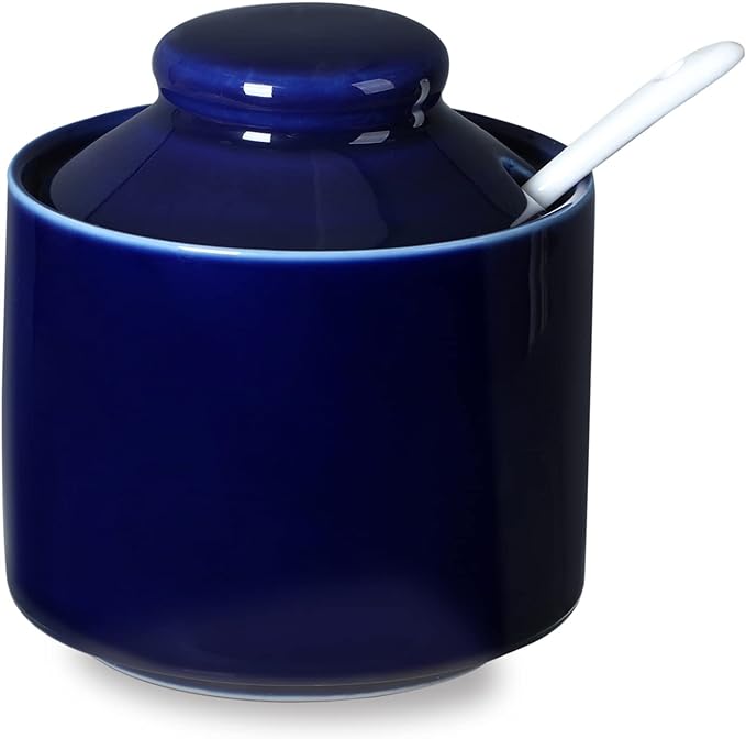 ONTUBE Ceramic Sugar Bowl with Lid and Spoon,Porcelain Seasoning Box Salt Bowl,8oz (Navy)