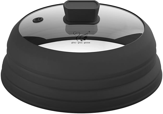 Microwave Splatter Cover Glass Splatter Guard Lid with Collapsible Silicone for Food Pot Cover Plate Cover 10.8 inch Black