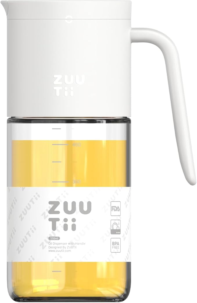 Zuutii Olive Oil Dispenser Bottle 18.6oz – Auto Flip Glass Vinegar Bottle with No-Drip Spout for Kitchen Cooking, Oil and Sauce Dispenser, Light Cream