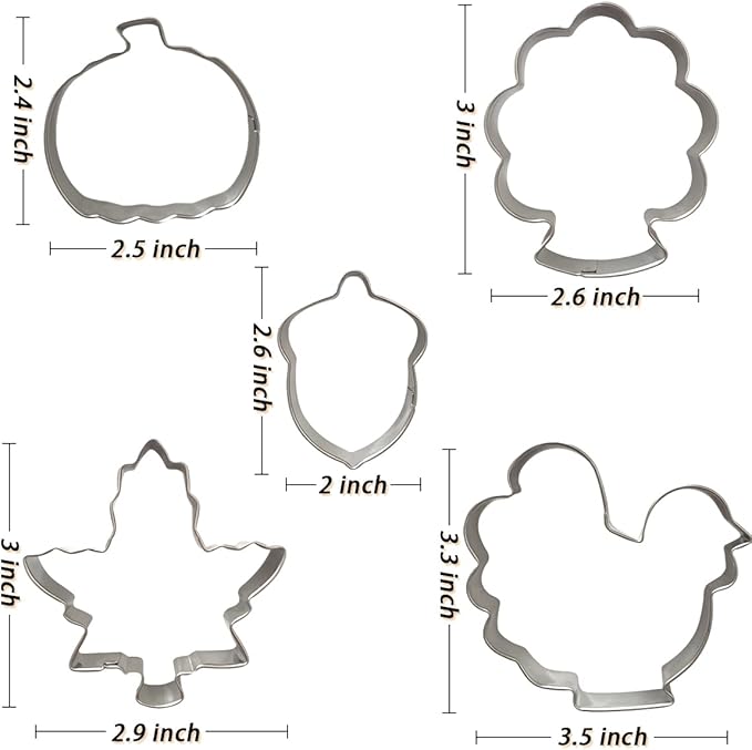 Thanksgiving Cookie Cutters Set 5PCS, Food-grade Stainless Steel Turkey Pumpkin Pine Cones Maple Leaf Fall Cookie Cutters Shapes, Sturdy Metal Biscuit Cutters for Home Holiday Family Baking