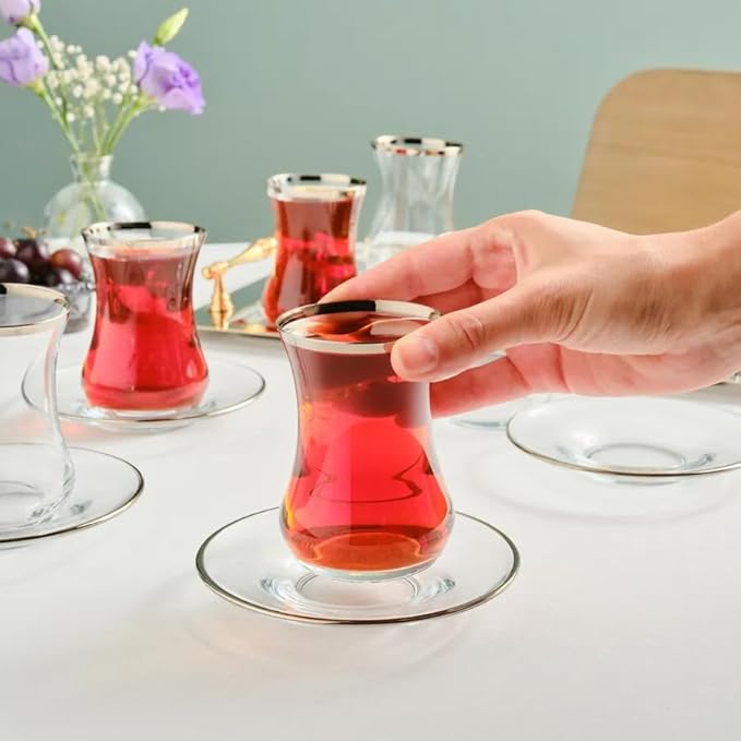 KARACA Sydney Elegant Tea Glass Set of 6 - (12 Piece) Clear Turkish Tea Cup Glasses and Saucers, 5.4 fl oz Curved Design Drinkware Cups, Dishwasher Safe, Platinum
