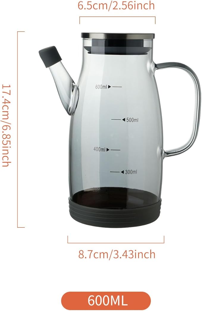 Large Glass Oil Dispenser Bottle for Kitchen Cooking Recipiente Para Aceite De Cocina Olive Oil Vinegar Dispenser Cruet Stainless Steel Lid No Drip Liquid Container (Grey, 20oz / 600ml)