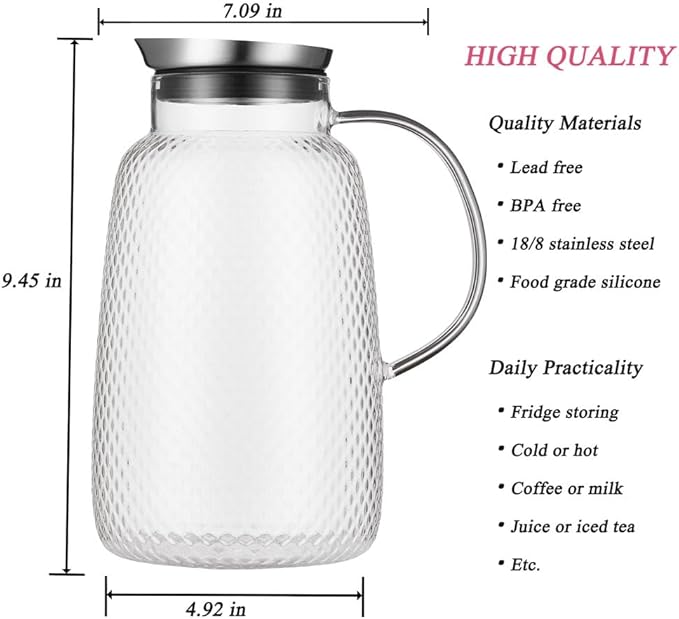 Purefold Pitcher with Lid, 78 oz Glass Jug with Stainless Steel Lid for Hot and Cold Water, Fruit Tea, Coffee Maker, Ice Tea, Juice, Pineapple Series (Clear)