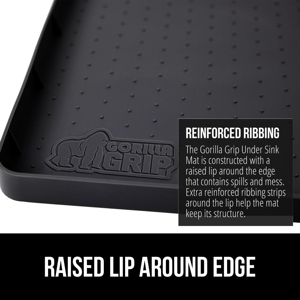 GORILLA GRIP Waterproof Silicone Under Sink Mat with Raised Lip for Kitchen and Bathroom, Cabinet Shelf Liner Stay in Place Mats Dishwasher Safe Drawer Liner, Organizer Tray, 19 x 22 in, Black