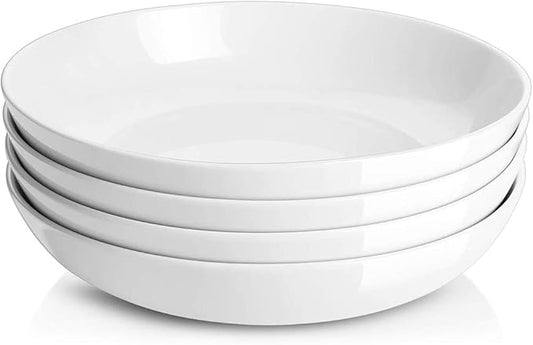 DOWAN 9.75" Pasta Bowls Set of 4, Large Shallow White Ceramic Salad Bowls, 50oz Wide Dinner Bowls for Pasta, Soup, Salad & Stew, Microwave & Dishwasher Safe, Housewarming Gift