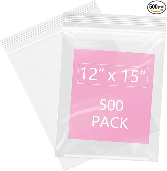 iMailer - 500 Pcs- 12" x 15" Large Plastic Zip Poly Bags- Clear Zip Storage Bag for Clothing, T-Shirts, Pants