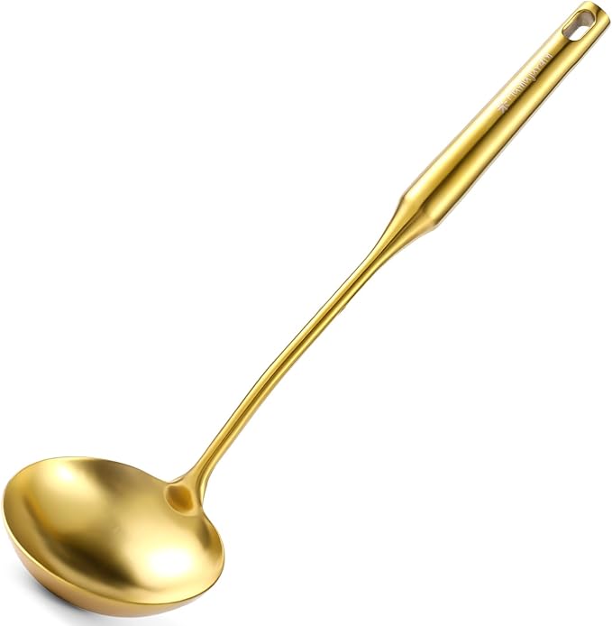 Gold Soup Ladle - 18/10 Stainless Steel Ladle Spoon, 13.8" Soup Spoons [Integral Forming, Heat Resistance，Vacuum Handle] Kitchen Metal Ladel for Cooking, Serving, Stirring, Canning，Sauce, Wok & Soup