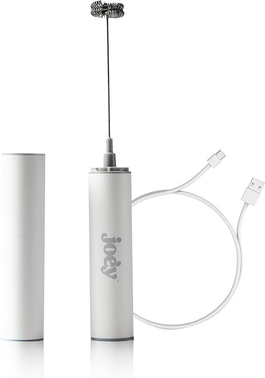 Joe’y High-Grade Milk Frother, USB-Powered Handheld Whisk for Coffee, Lattes, Matcha, Hot Chocolate, Dual-Speed Stainless Steel Frothing Wand with Travel Case, Double-Whisk, White