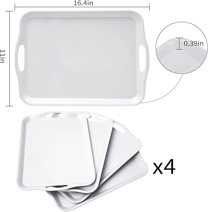Blue Boat 16.5" x 11.5" Serving Trays Set of 4 White, Dinner Tray, Light Weight Easy to Clean Sturdy Stackable Melamine Serving Tray with Handle, Fruit, Snacks, and Desserts Trays