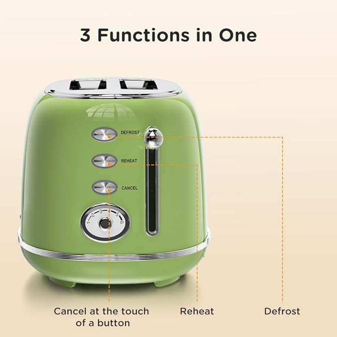 Toaster Retro 2 Slice, Vintage Green Toaster with Lid, with Bread Attachment, Preheat, Defrost And Cancel Functions, 6 Browning Levels (Green)