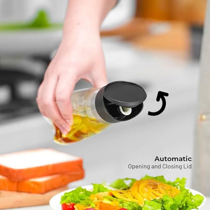 Premium Glass Olive Oil and Vinegar Dispenser Bottles Set, 2-Piece Kitchen Cooking Cruet with Auto-Open Lid, Non-Drip Pouring Spout, Oil Infuser Filter, Dishwasher Safe (White 16oz)