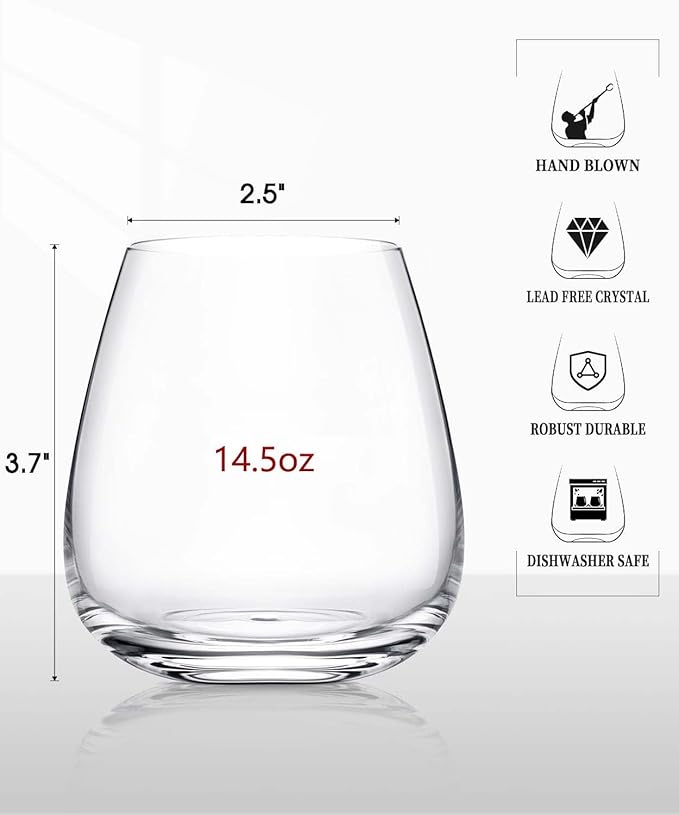 LUNA & MANTHA Stemless Wine Glasses Set of 6, 14.5oz Red White Wine Glass,Premium Hand Blown Crystal Glasses for Daily Use and Special Days, Perfect Gifts for Men and Women