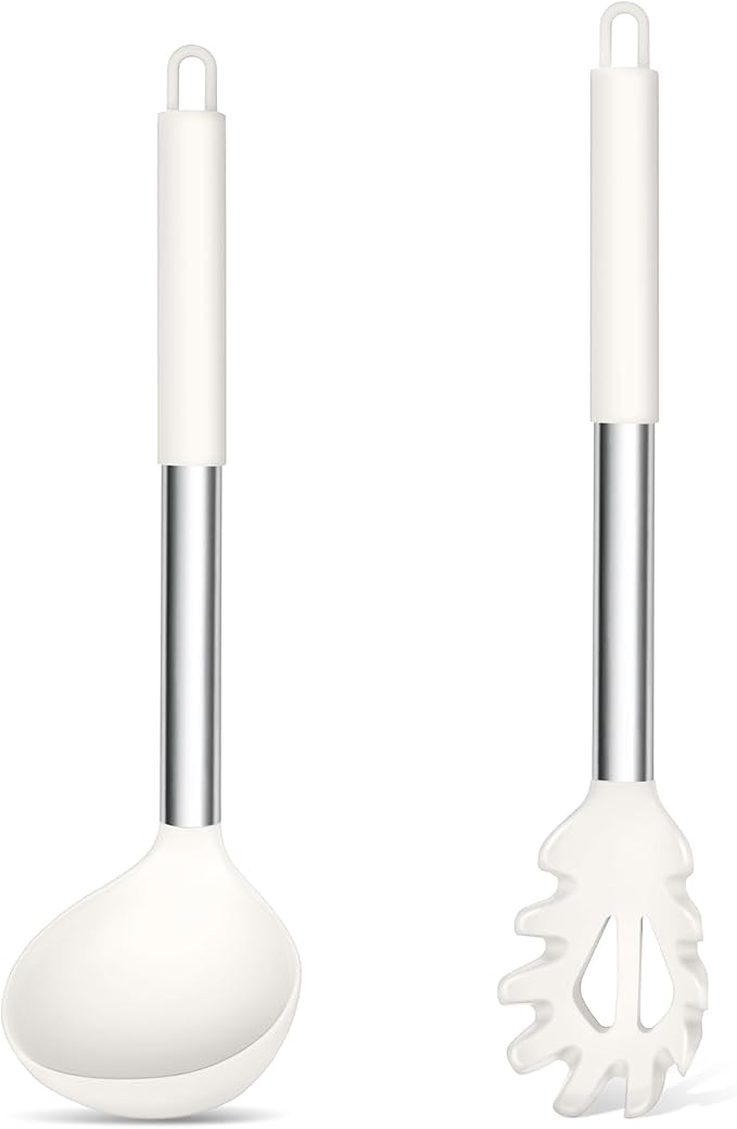 TeamFar Silicone Soup Ladle and Pasta Fork Set, 2 Pcs Large Nonstick Kitchen Cooking Utensils with Stainless Steel Handle for Draining, Serving Soup, Sauce, Spaghetti, Non-Toxic & Heat-Proof, White
