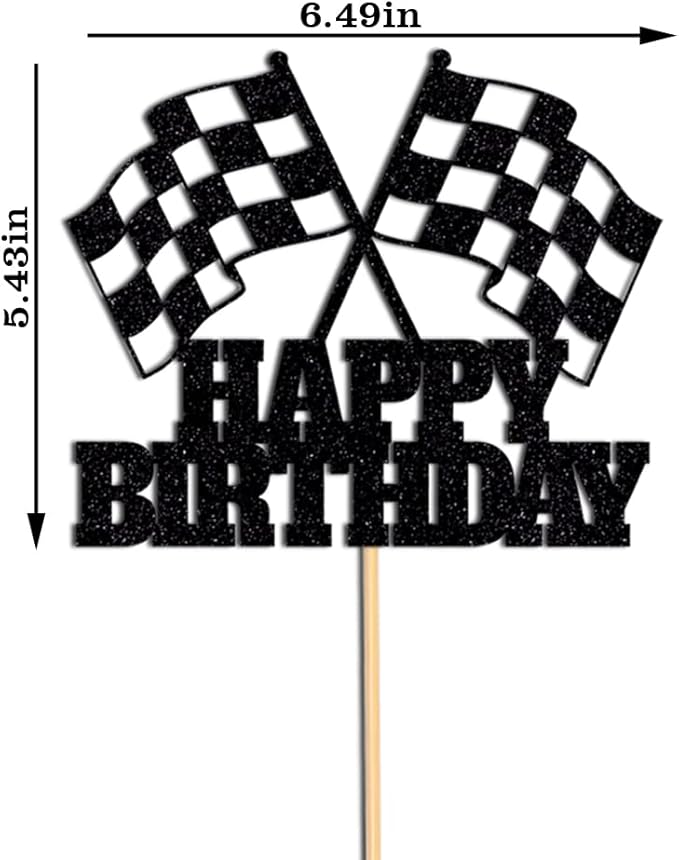Race Car Cake Topper - Checkered Flag, Glitter, Happy Birthday Theme Cake Decor