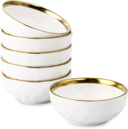 vicrays Ceramic Salad Bowls Set for Kitchen, Serving - 24 Ounce Soup Bowls, Pasta Bowls, Chip Resistant, Dishwasher Safe, NOT Microwave Safe, Fluted, Stoneware, Set of 6 (White with Golden)