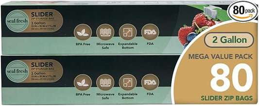 2 Gallon Slider Storage Bags 240 Pack — Jumbo Reusable Freezer Bags with Expandable Bottom, BPA Free, Microwave Safe, Clear Heavy Duty Bags