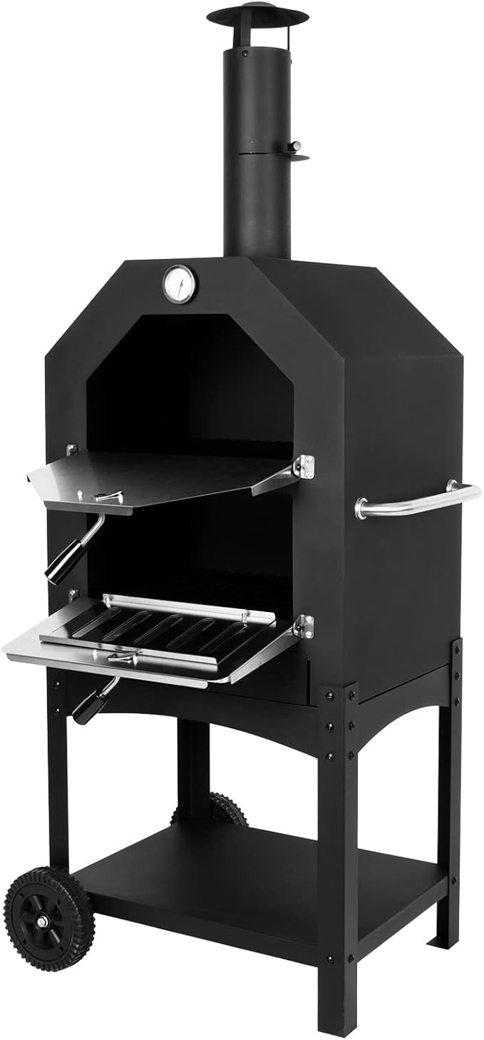 Outdoor Pizza Oven Wood Fired Pizza Oven Patio Portable Pizza Maker Cooking Grill with Wheels Waterproof Cover for Backyard Camping