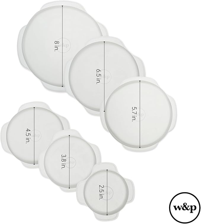 W&P Reusable Silicone Stretch Lid, Set of 6 Circular Lids, Dishwasher Safe, Freezer Safe, LFGB/Premium Materials, Microwave Safe, Clear