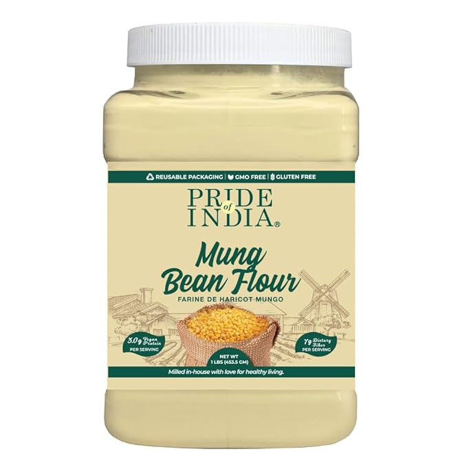 Pride of India- Mung Bean Flour 1 lbs (454 gm) Nutty Slightly Sweet Earthy Taste Freshly Milled in Small Batches | Used for Cooking Baking Binding Agent | Vegan, Gluten-Free